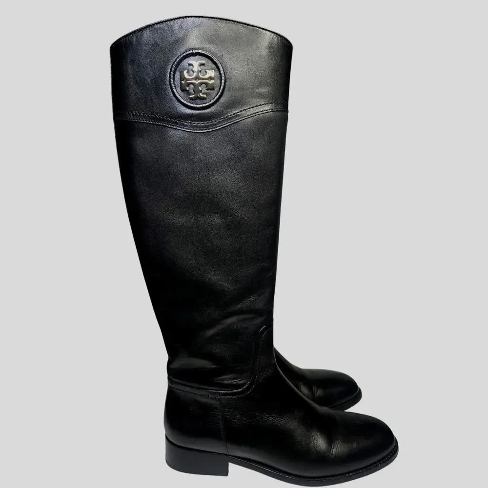 New Tory Burch Womens Ashlynn Black Leather Gold Logo Tall Riding Boots 8.5